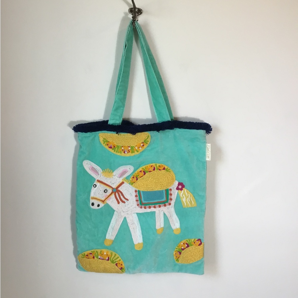Glitterville Studios Burro Taco Embroidered Velvet Tote‎ Bag